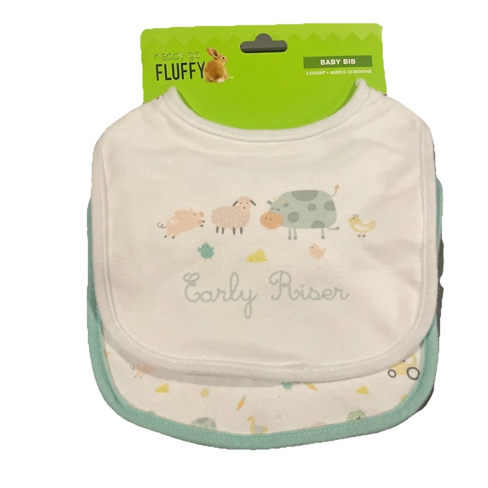 Happy Go Fluffy "Early Riser" Set Of 2 Bibs White And Green 0-12M. NEW Pigs